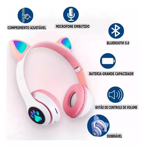 Fone De Ouvido Gatinho Bluetooth Infantil Led Menino Menina