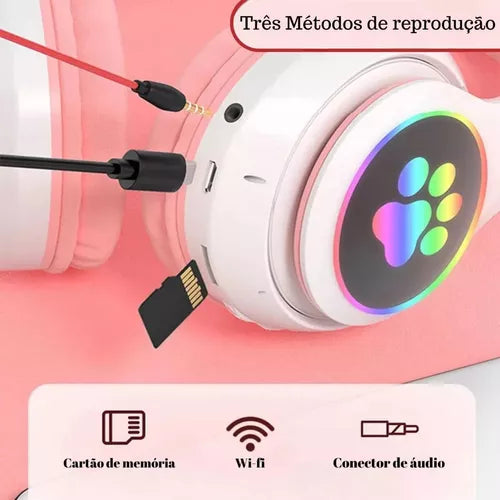 Fone De Ouvido Gatinho Bluetooth Infantil Led Menino Menina