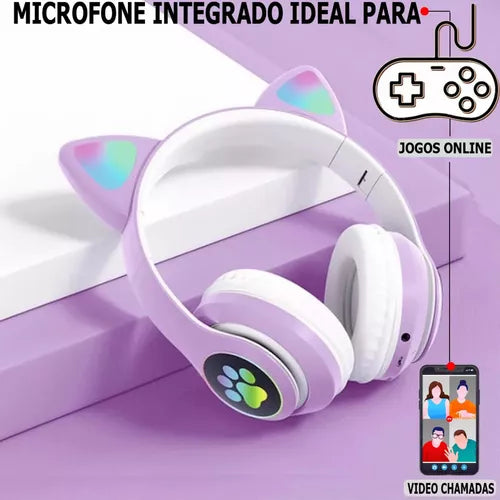 Fone De Ouvido Gatinho Bluetooth Infantil Led Menino Menina